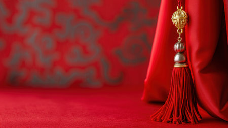 This stunning close-up showcases an elegant red fabric featuring a beautiful tassel decoration, perfect for enhancing festive decor during celebrations.の素材
