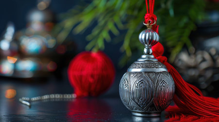 A beautifully crafted vintage silver decorative object hangs delicately with a vibrant red tassel, set against a softly blurred background of traditional Asian decor elements, evoking a sense of elegance and culture.の素材