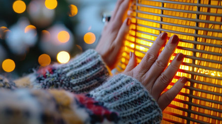 Warm hands are gently placed on an indoor heater, offering comfort in a cozy winter atmosphere enhanced by soft bokeh lights in the background.の素材