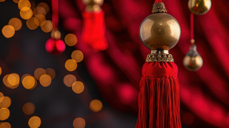 A stunning image featuring elegant red lanterns adorned with golden accents set against a soft bokeh background, perfect for festive occasions.の素材