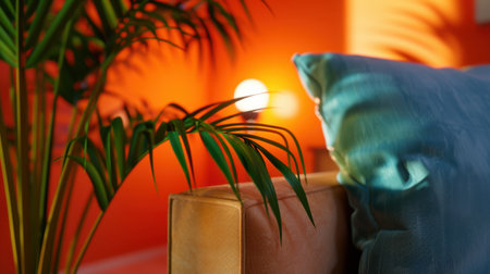 This cozy indoor scene showcases a decorative pillow and lush green plant set against a vibrant orange background, creating a warm and inviting ambiance.の素材