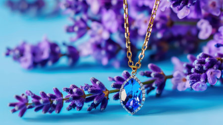 A stunning blue gem necklace showcased against a backdrop of vibrant lavender flowers, combining elegance and natural beauty. Perfect for jewelry lovers.の素材