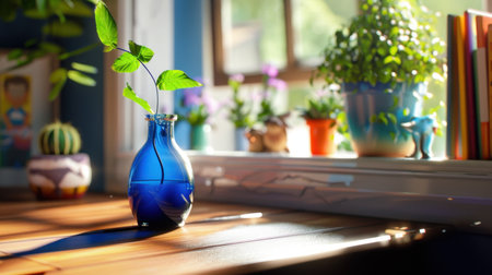 A charming indoor setting featuring a small green plant nestled in a blue vase on a wooden table. The sunlit background enhances the vibrant colors, creating a serene and inviting atmosphere for home decor inspiration.の素材