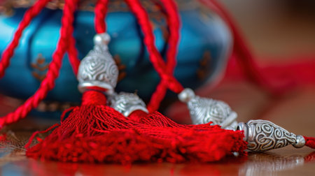 This stunning close-up features elegant red tassels adorned with intricate silver ornaments, beautifully arranged alongside a vibrant decorative bowl, capturing the essence of traditional craftsmanship.の素材