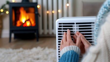 A tranquil scene of hands warming by a small electric heater, complemented by a glowing fireplace and soft decorative lights, creating a cozy atmosphere.の素材