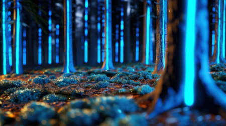 This stunning image captures a mystical forest scene with glowing blue trees and vibrant undergrowth, creating an ethereal and tranquil atmosphere.の素材
