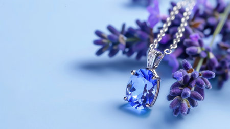 This stunning blue gemstone pendant necklace features a sparkling design, elegantly set in silver, artfully arranged with fresh lavender flowers, showcasing beauty and style.の素材