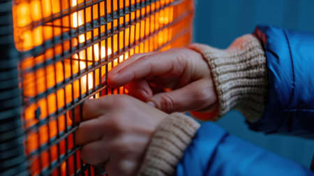 An intimate close-up shot of hands adjusting the settings of an electric heater, providing warm light in a cozy indoor atmosphere during winter.の素材