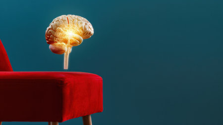 This striking image features a brain sitting atop a vibrant red chair against a soothing blue background, symbolizing creativity and cognitive exploration.の素材