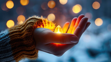 A close-up of a hand gently holding a glowing crystal, radiating warmth in a winter setting. The soft bokeh background enhances the tranquil atmosphere, evoking feelings of peace and inspiration.の素材
