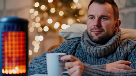 A relaxed man in a cozy sweater enjoys a warm drink while sitting beside a space heater. The background features soft holiday lights, enhancing the winter ambiance.の素材