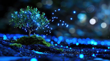 A serene enchanted tree stands amidst a mystical blue landscape, illuminated by glowing leaves and sparkling lights, creating a magical atmosphere.の素材