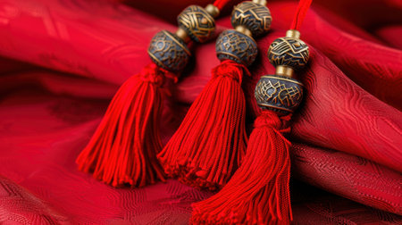 Close-up of luxurious red fabric adorned with traditional tassels, highlighting intricate designs and textures ideal for various decor and craft uses.の素材