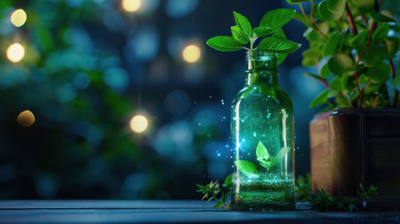 A mesmerizing image of a green plant growing inside a glass bottle, illuminated by soft bokeh lights, evoking a sense of magic and tranquility in nature.の素材