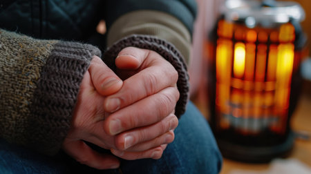 This intimate close-up features hands clasped together, radiating warmth and comfort in a cozy indoor setting near a glowing heater, embodying winter relaxation.の素材