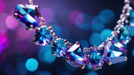 This striking close-up image showcases a necklace adorned with blue and purple gemstones, set against a beautiful sparkling background, evoking elegance and charm.の素材