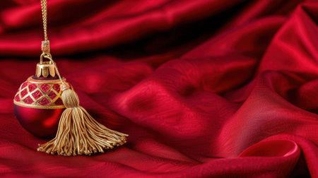 A stunning close-up image of a decorative hanging ornament against a backdrop of rich, red fabric, creating a warm and festive atmosphere ideal for holiday themes.の素材