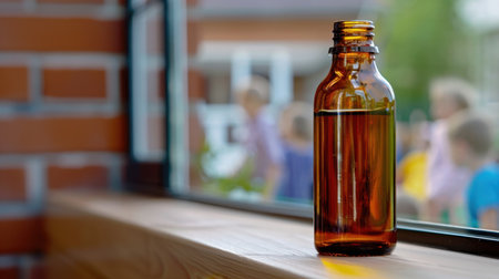 An amber glass bottle filled with liquid sits on a wooden ledge next to a window, creating a cozy and vibrant atmosphere with soft-focus background details.の素材