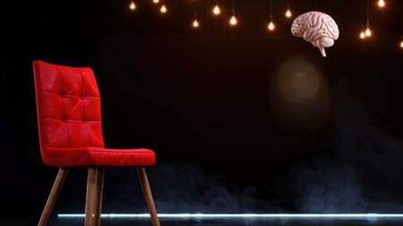 A striking image featuring a modern red chair with a floating brain above, set against dramatic lighting, symbolizing thought and creativity.の素材