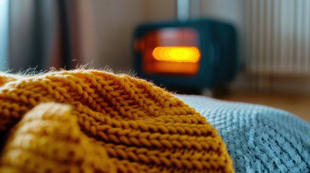 A soft, cozy knit blanket rests on a stylish bed while an orange glow emanates from a warm heater, creating a peaceful indoor atmosphere.の素材