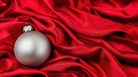 A beautiful silver Christmas ornament rests elegantly on a rich red satin fabric, perfect for capturing the essence of holiday cheer and luxury.の素材