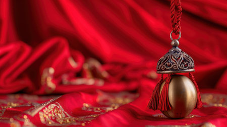 An ornate decorative pendant hangs gracefully against a backdrop of rich red fabric, showcasing intricate embroidery and luxurious textures, perfect for festive themes.の素材