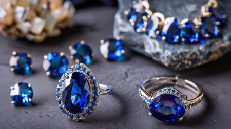 Explore a stunning collection of blue gemstone jewelry, featuring a ring, earrings, and necklace, arranged on a dark stone surface for a captivating display.の素材