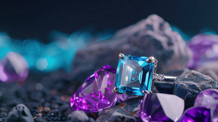 A captivating close-up image showcasing beautiful blue and purple gemstones resting on dark pebbles, illuminated by soft reflections and enchanting light, perfect for conveying elegance and luxury.の素材