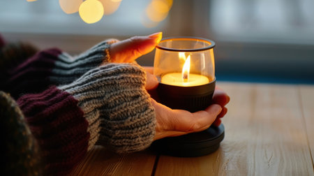 A serene image capturing a pair of hands gently holding a lit candle, creating a warm ambiance. The soft bokeh in the background enhances the cozy atmosphere, perfect for relaxation and reflection.の素材