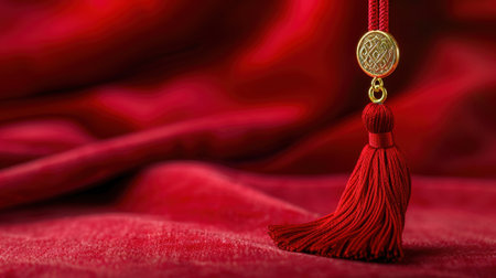 A close-up view of an elegant red tassel adorned with a gold ornament, draping gracefully over rich red velvet fabric, showcasing luxury and sophistication.の素材