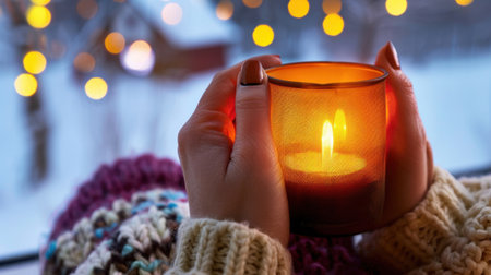Embrace the warmth of a cozy winter evening with a glowing candle held in soft hands, surrounded by a serene atmosphere and festive lights in the background.の素材