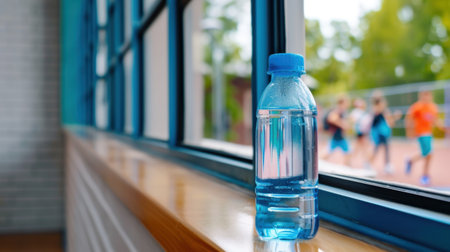A serene close-up of a single blue water bottle resting on a wooden windowsill, with a soft focus on active individuals engaging in sports outside.の素材