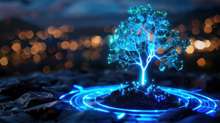 A captivating digital artwork featuring a neon blue glowing tree centered in a dark environment with soft bokeh lights, symbolizing the intersection of nature and technology.の素材