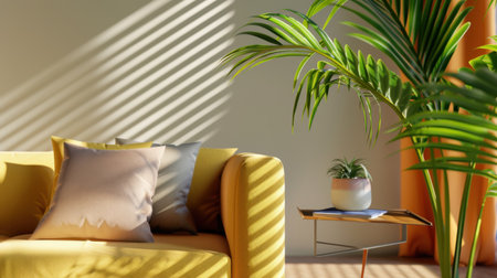 A beautifully styled living room featuring a vibrant yellow sofa, plush pillows, and a refreshing indoor plant. Natural light creates striking shadow patterns, enhancing the cozy and inviting atmosphere of the space.の素材