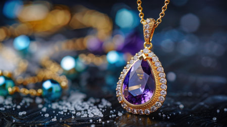 A stunning close-up image of a golden pendant featuring a rich amethyst gemstone surrounded by sparkling diamonds against a colorful backdrop.の素材