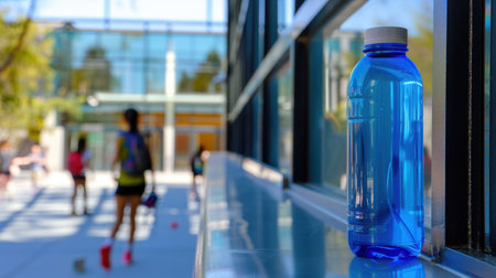 A bright blue water bottle stands prominently on a shelf in a modern outdoor environment, capturing attention amid an active scene, emphasizing hydration.の素材