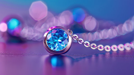 This captivating image features an elegant blue gem pendant set against a soft, colorful background. The intricate design and shimmering chain enhance the luxury and beauty of the jewelry, making it perfect for fashion and accessory themes.の素材