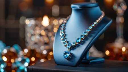 This stunning blue gem necklace, elegantly displayed on a jewelry stand, features vibrant gems that capture light beautifully. Ideal for showcasing luxury and style.の素材