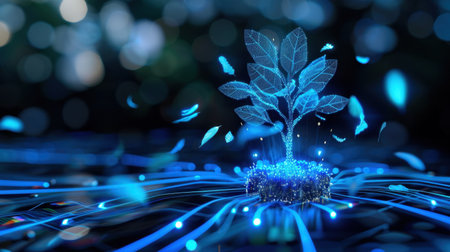 A stunning digital artwork showcasing a futuristic tree emerging from glowing roots, surrounded by vibrant light effects, symbolizing growth and innovation.の素材