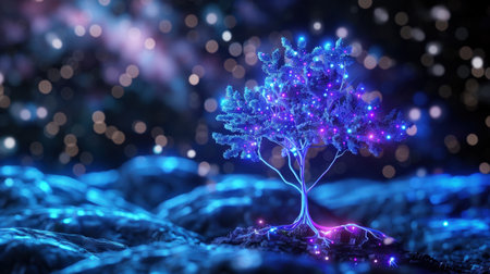 A stunning artistic representation of a glowing tree adorned with colorful lights, surrounded by a starry mystical landscape capturing imagination and wonder.の素材