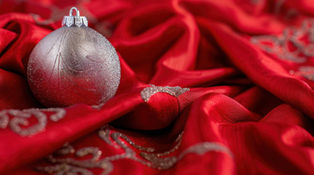 A stunning silver ornament rests gracefully on luxurious red fabric, capturing the essence of holiday celebrations and festive warmth. Perfect for seasonal themes.の素材