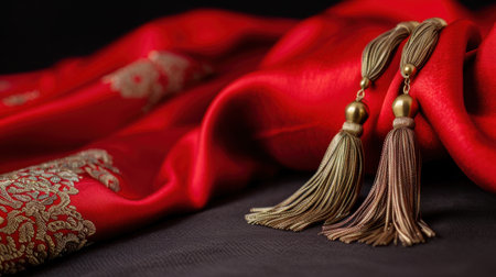 This image showcases luxurious red fabric adorned with stunning tassels and intricate embroidery. Ideal for design inspiration in fashion and home decor.の素材