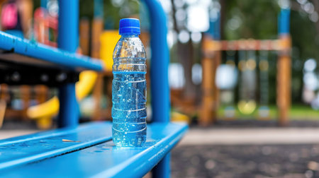 A vibrant blue water bottle sits on a blue bench in a lively playground setting, with colorful play equipment and lush greenery in the background.の素材