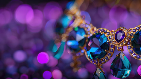 This close-up image captures the intricate design of colorful jewelry featuring sparkling gems. The vibrant background enhances the elegance and beauty, perfect for showcasing luxury and style.の素材