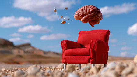 A striking image featuring a red chair with a floating brain above it in a serene landscape. This surreal concept symbolizes creativity and thought.の素材