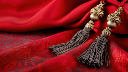 Close-up of luxurious red fabric adorned with intricate decorative tassels, showcasing rich textures ideal for home decor and textile design inspiration.の素材