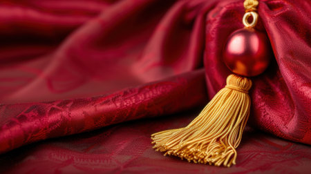 This stunning close-up features a luxurious red fabric adorned with a beautiful golden tassel and a red ornament, perfect for adding elegance to any decor.の素材
