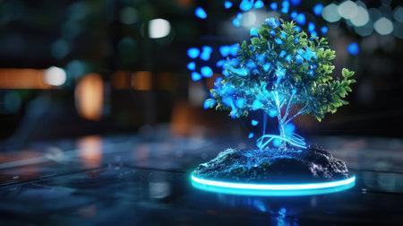 This captivating image features a futuristic tree with a glowing base and floating particles, set in an imaginative digital environment, exuding tranquility and innovation.の素材