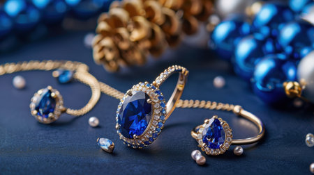 Stunning arrangement of elegant blue gemstone jewelry, including rings, earrings, and bracelets, accented by pearls and festive decorations on a dark surface.の素材