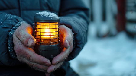 A pair of hands cradles a glowing lantern, illuminating the cold snowy landscape. The scene captures warmth, comfort, and the beauty of winter evenings.の素材